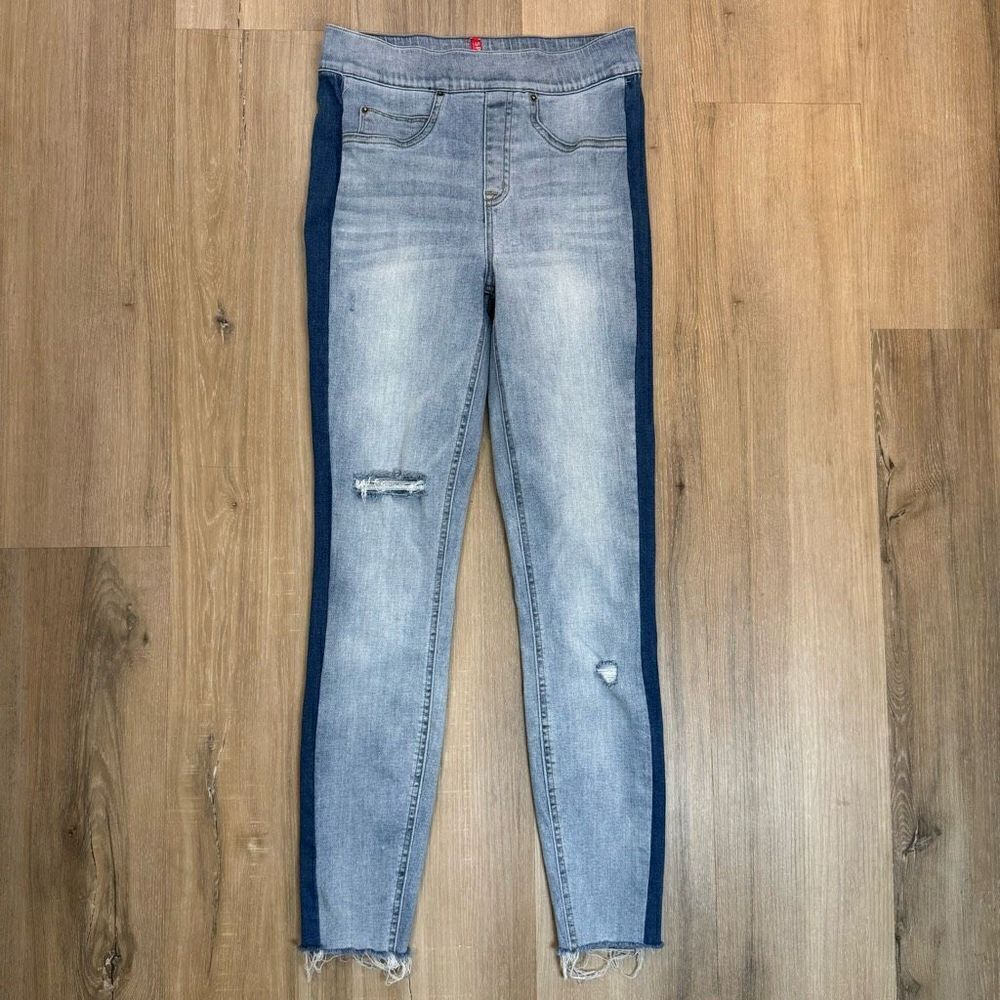 Spanx Women's XS High Rise Distressed Skinny Jeans Track Stripe Raw Hem Ankle